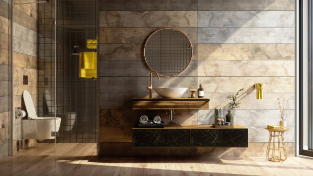 Luxury Bathroom Interior With Shower, Toilet, Mirror And Yellow Towels